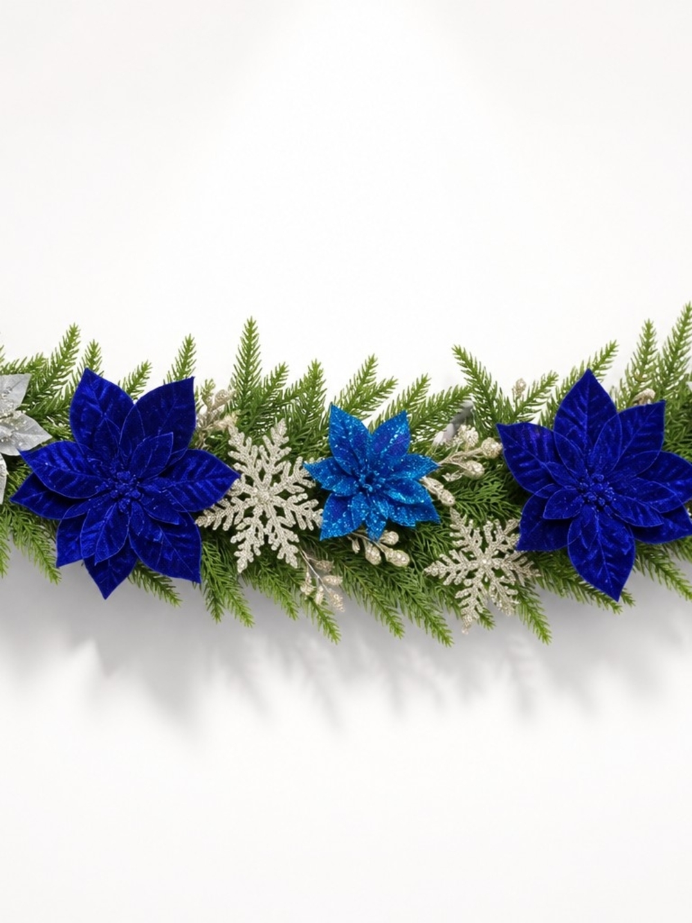 Blue, Silver & White Poinsettia & Snowflake Holiday Garland - NWOT